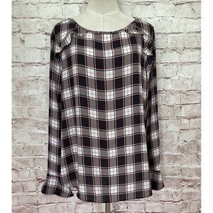 LOFT Outlet Pink Gray Plaid Ruffle Long Sleeve Flutter Cuff Womens Blouse Size L